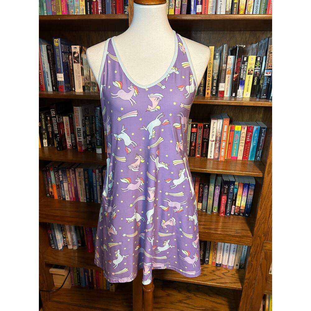 Pop fit purple nightgown with unicorns, shooting stars, and rainbows